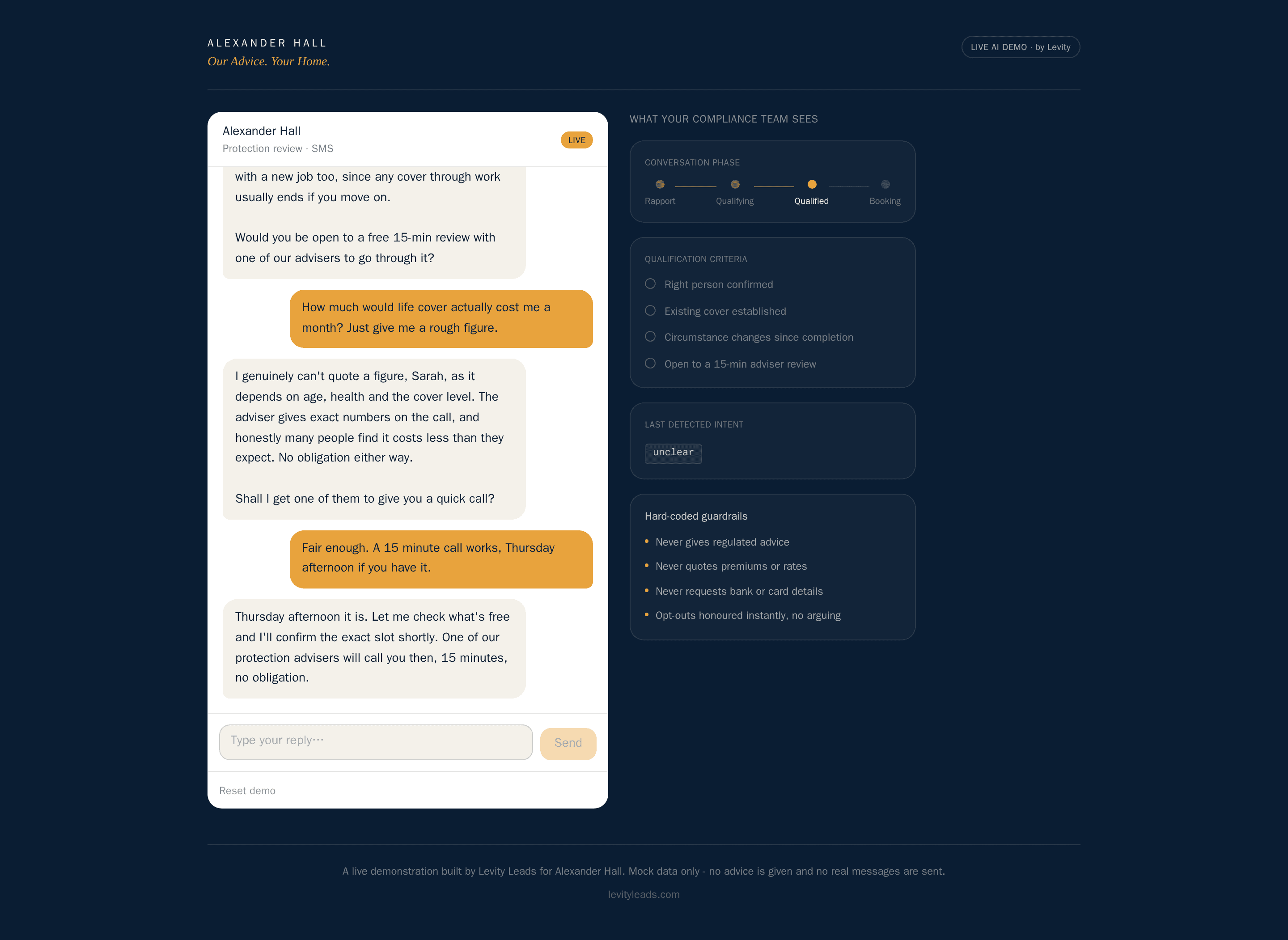 The live Alexander Hall demo: a chat in which the AI declines to quote a life cover premium, beside a panel listing four hard-coded compliance guardrails.