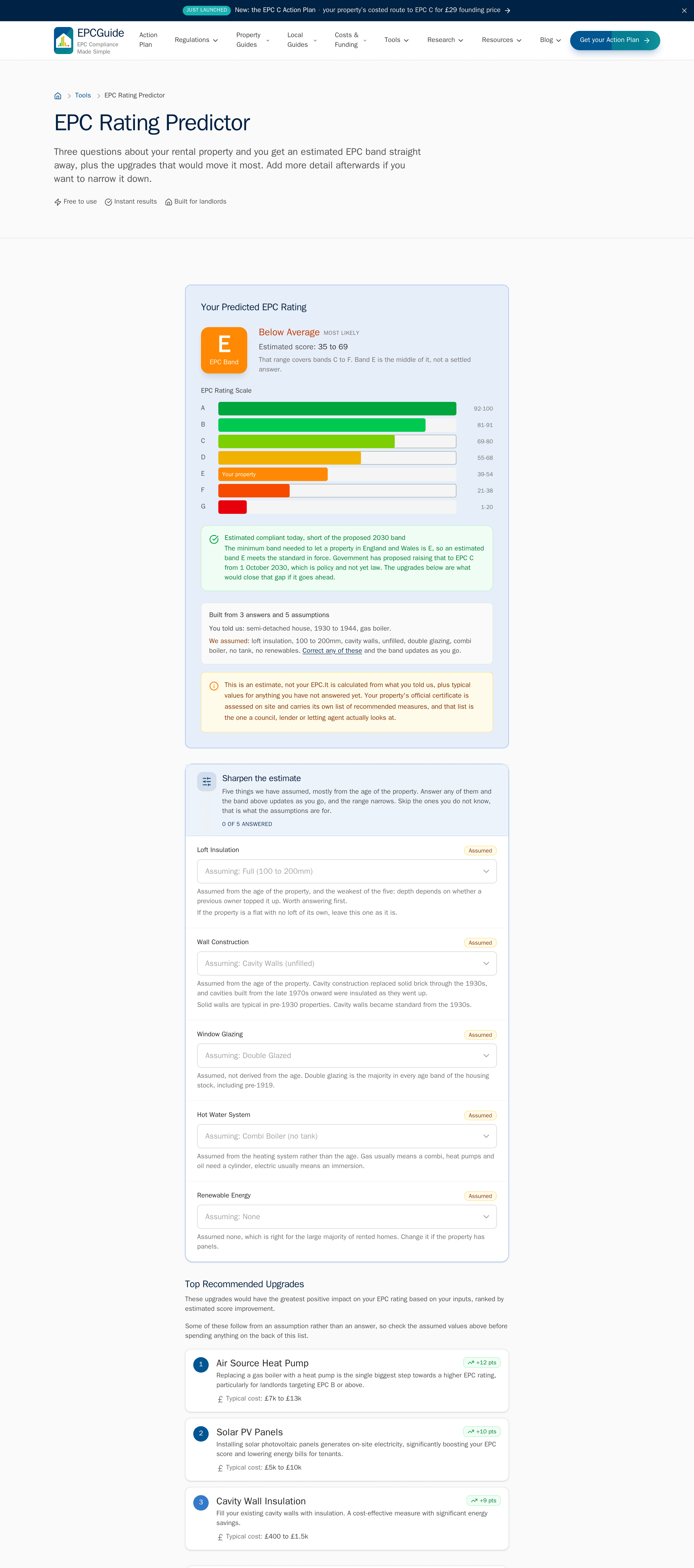 The free EPC predictor showing a result for a 1930s semi with a gas boiler: predicted band E, an estimated score range of 35 to 69, an A to G bar with the property marked, and three recommended upgrades with costs.