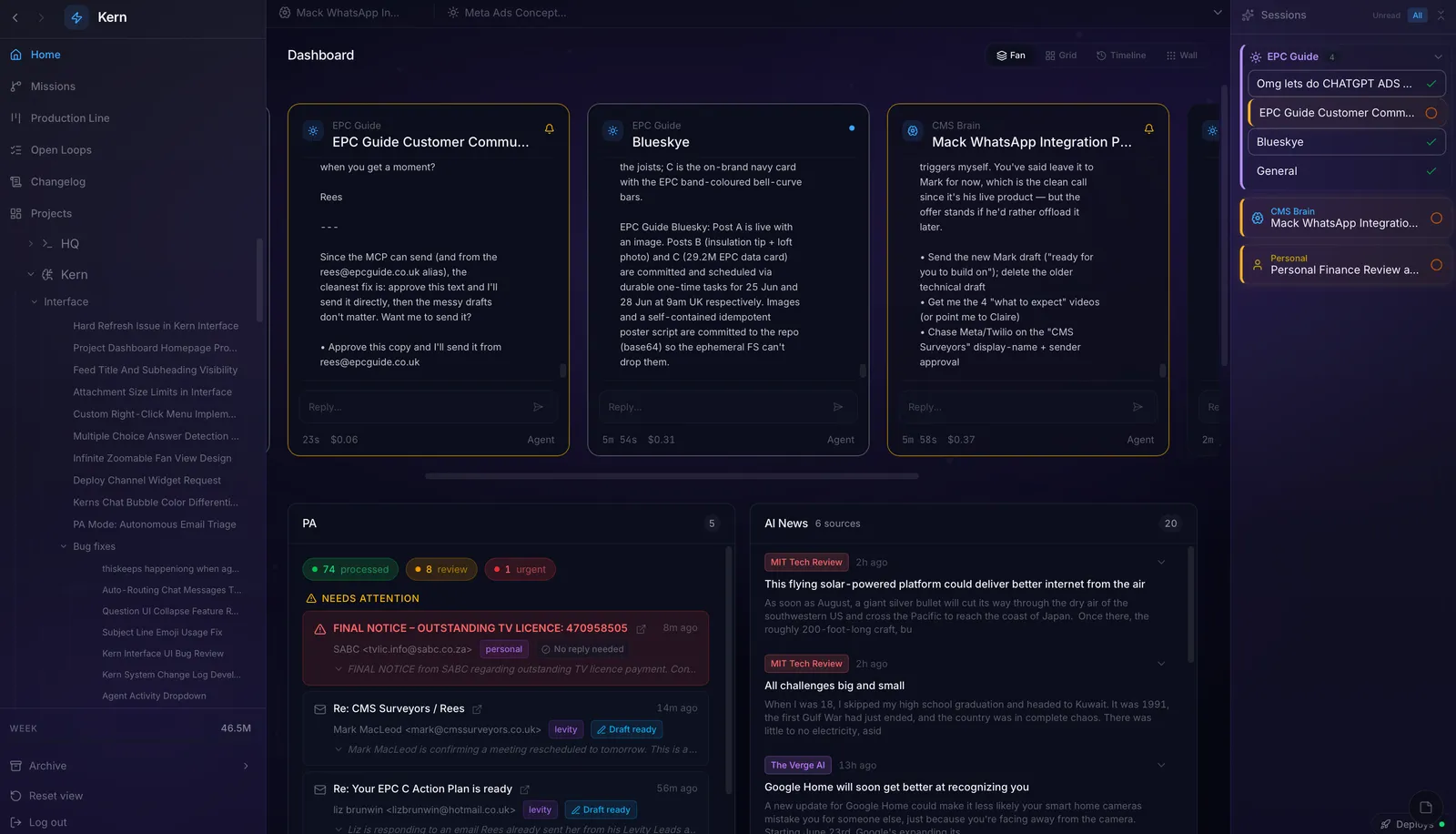 kern-interface dashboard with project cards, PA inbox and AI news feed